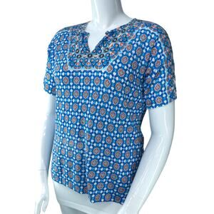 Chicos Womens Size 2 US 12 L Geometric Print Top Knit Short Sleeve V Neck